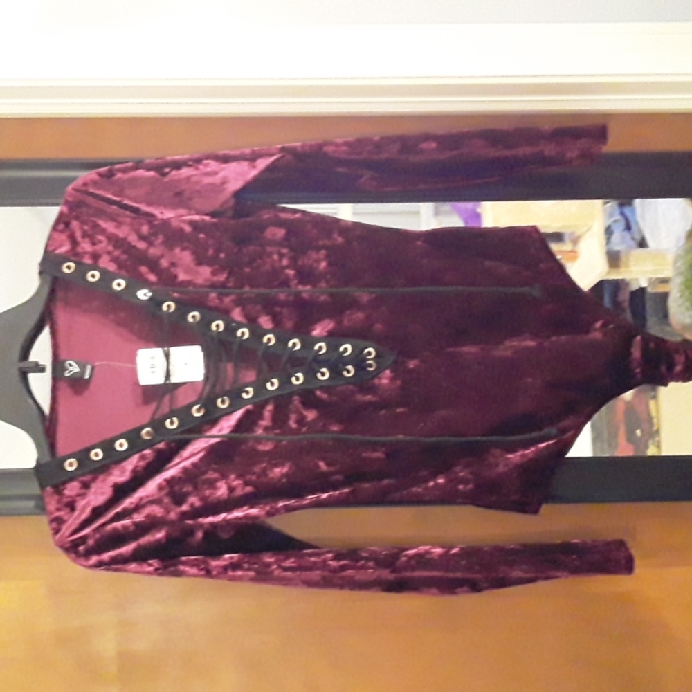 Burgundy velvet lace up body suit goth M